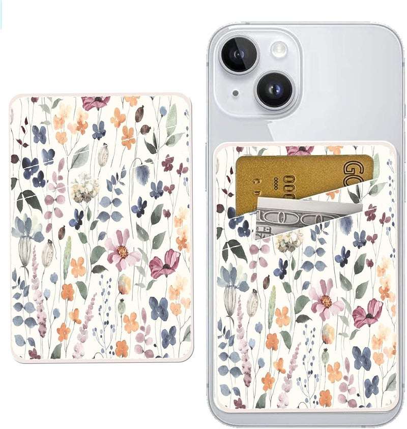 AOHRO Phone Card Holder - Dual Pocket Leather Wallet with Adhesive, Cute Credit Card Holder for Most Phones - Colorful Boho Leaf - Image 1